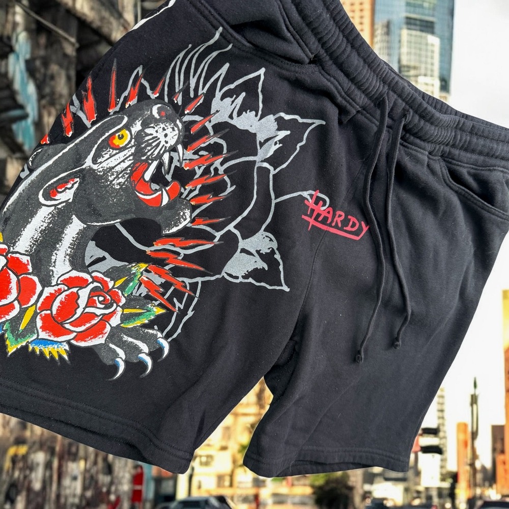 Ed Hardy Shorts Mens Medium Black Panther Rose Tattoo Fleece Sweat Shorts Y2K